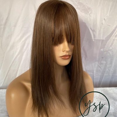 13x6 Lace Front Human Hair Wig with Bangs Brown Straight Wig Glueless Everyday Wigs