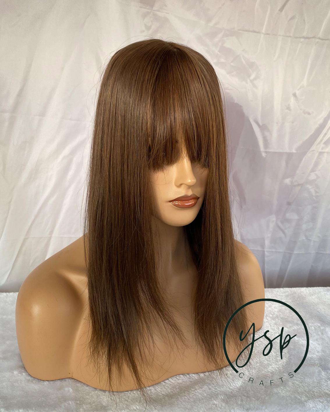 13x6 Lace Front Human Hair Wig with Bangs Brown Straight Wig Glueless Everyday Wigs