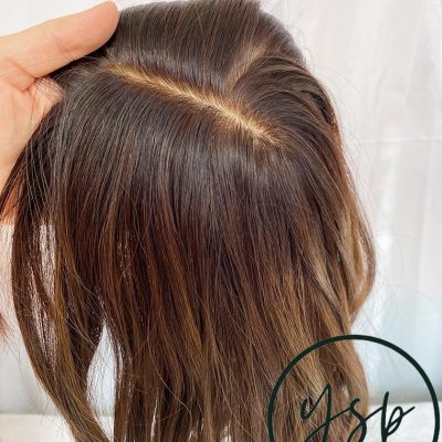 Alternative view of 5x6 Silk Top Human Hair Topper with bangs | Brown with highlights Hairpiece