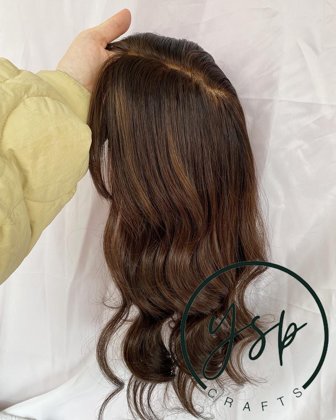 5x6 Silk Top Human Hair Topper with bangs dark Brown with highlights Hairpiece