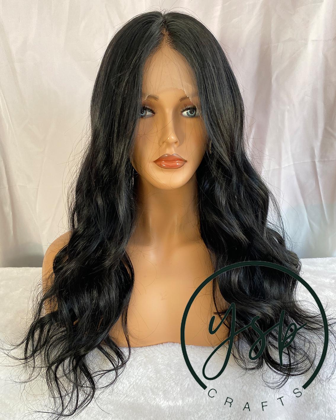Jet Black Human Hair Silk Top Lace Front Wig, Wavy Glueless Wig - Image 2