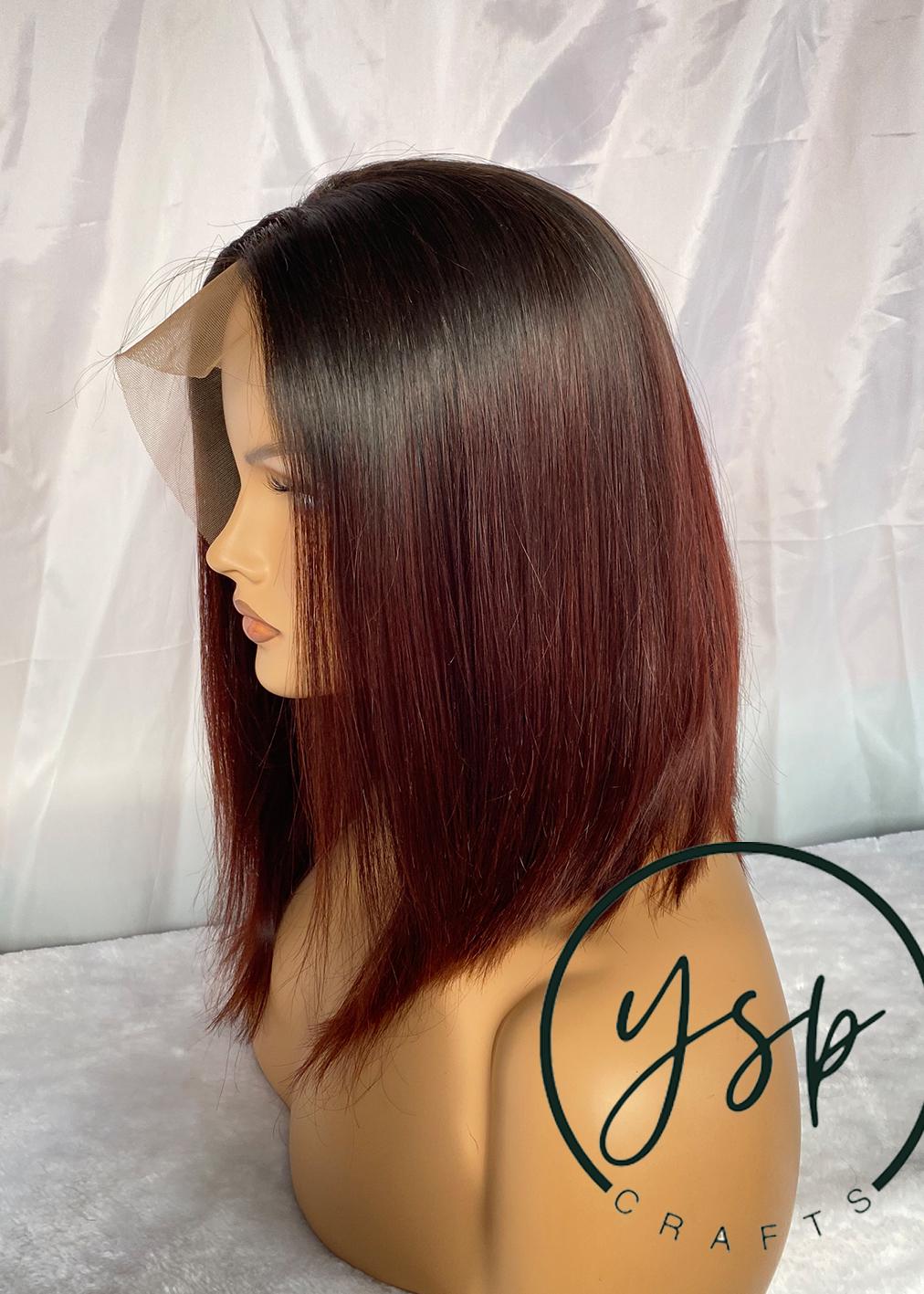 Ombre Human Hair Bob Wig - Brown to Red Wine, Lace Front - Image 2