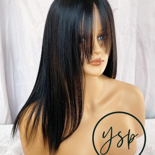 Straight Jet Black Human Hair Wig Silk Top Wigs with Curtain Bangs Natural Look